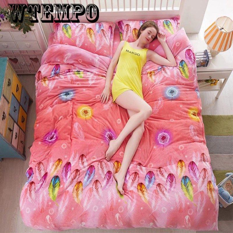 4pcs Thick Double-sided Flannel Duvet Cover Purple/blue/pink Printed King Size Bedding Set