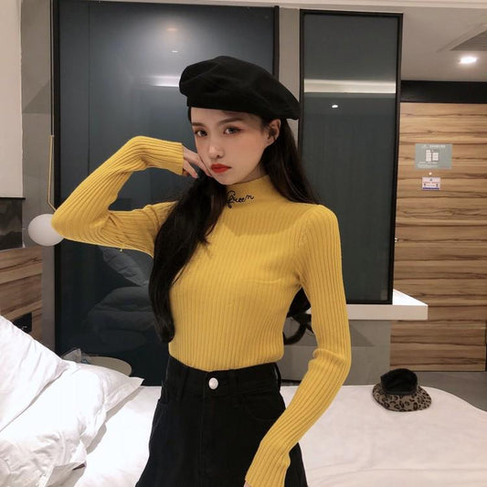 Pofulove core yarn base shirt ladies winter sweater with black sweater long sleeve turtleneck top
