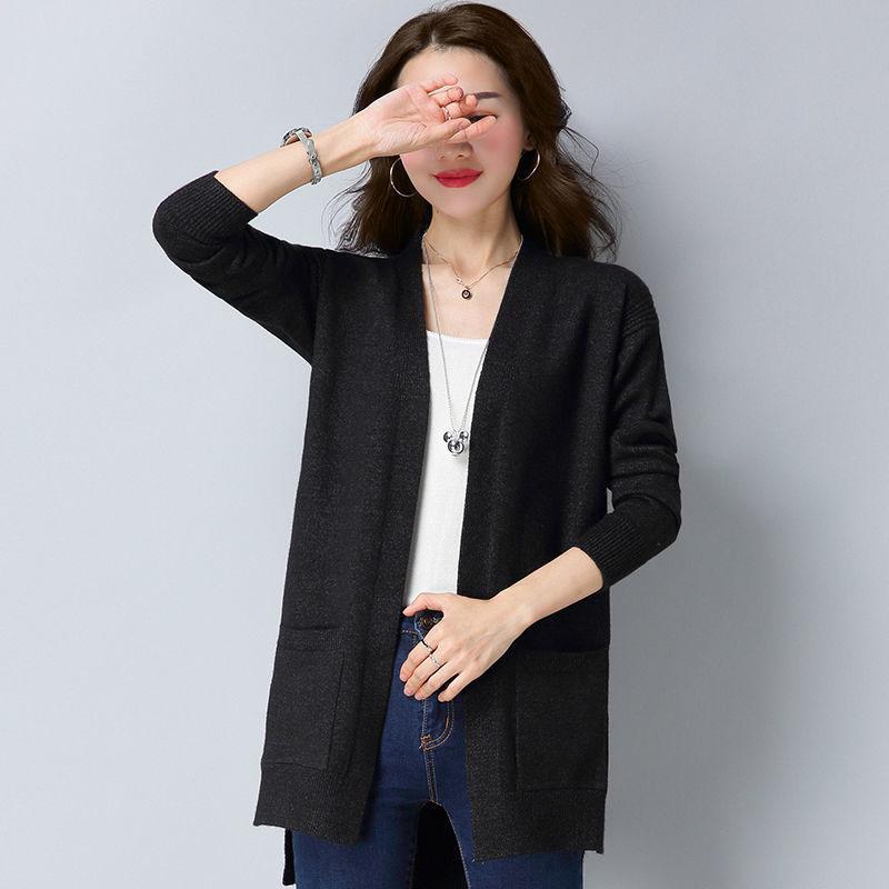 Spring and Autumn Mid-length Knitted Sweater Cardigan Solid Color All-match Top Long Sleeve Loose Women's Jacket