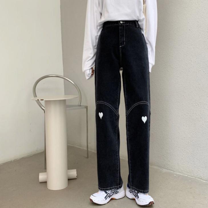 Love Embroidery Jeans Men and Women Loose Retro Washed Wide Leg Straight Pants Chinese Version Trend All-match Casual Long Pants