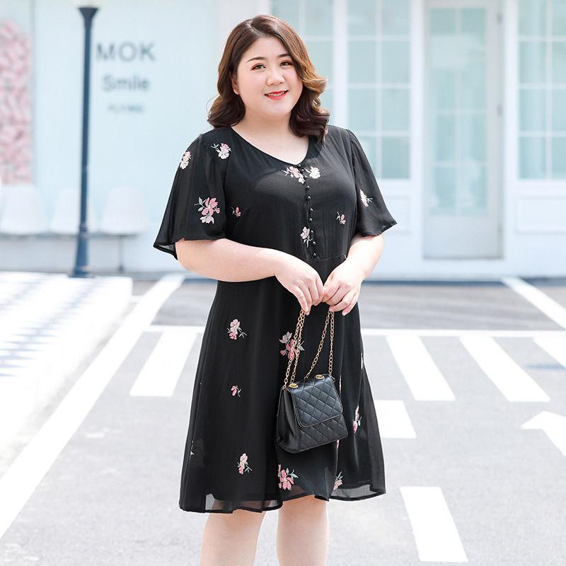 Large Size XL-XXXXXL Women's Summer Dress Chiffon Veil Short Sleeve V-Neck Floral Lightweight and Breathable