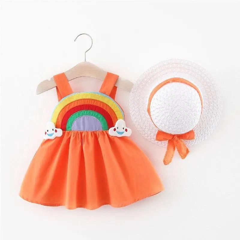 2021 Baby Girl Flower Print Sleeveless Rainbow Princess Dress Children Summer Clothes Set