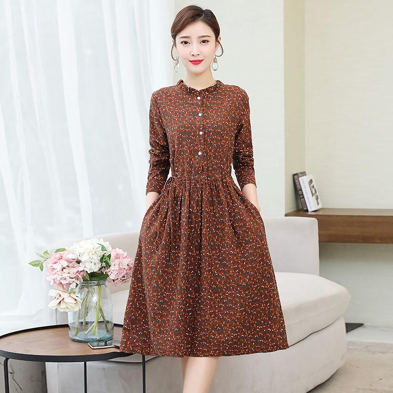 Printed Long Sleeve Dress Women's Ethnic Style Skirt Loose Thin Floral Cotton Linen Retro