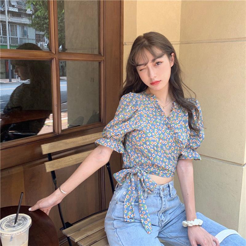 Puff Sleeve Floral Short-sleeved Chiffon Shirt Women's Summer Korean Design High-waist Short Top