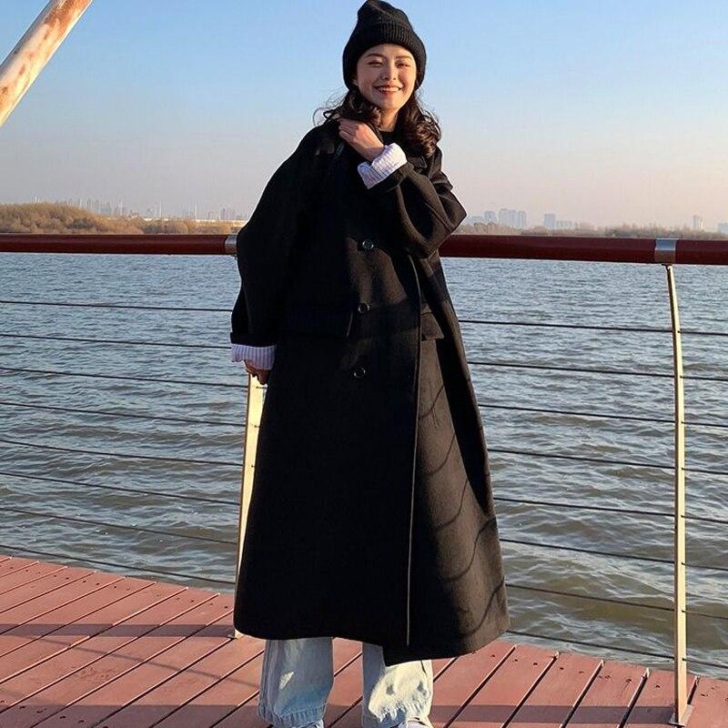 Winter Thick Warm Long Woolen Coats Female Casual Loose Double Breasted Streetwears Ladys Korean Black Outerwears
