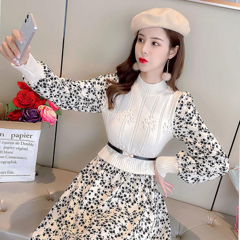 Women's Autumn and Winter Sweet Lady Stitching Knitted Long Dress Long Sleeve Half High Collar Women Casual Floral Print Elegant  Dress