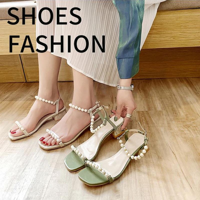 Sandals Women's Summer Korean Fashion Thick Heels High-heeled Pearl Sandals