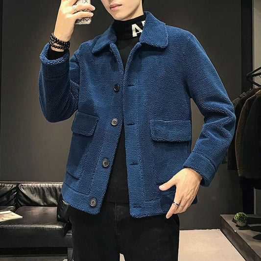 Autumn and Winter Thickened Plus Velvet Jacket Fashion Trend Handsome Lamb Velvet Warm Men's Jacket