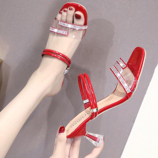 Plus Size 35-40 Women All-match Shiny Slippers Outdoor Diamond High Heels Bohemian Beach Wear-resistant Non-slip Slippers Transparent Sandals