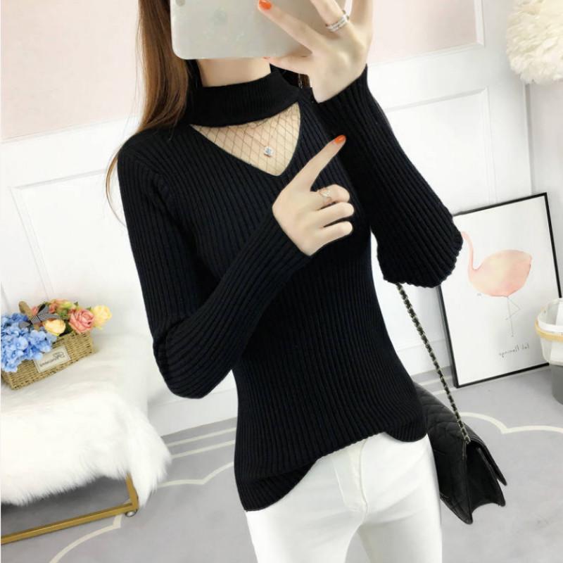 Pofulove sweater women's autumn new V-neck hollow lace winter coat thick long-sleeved bottoming shirt women