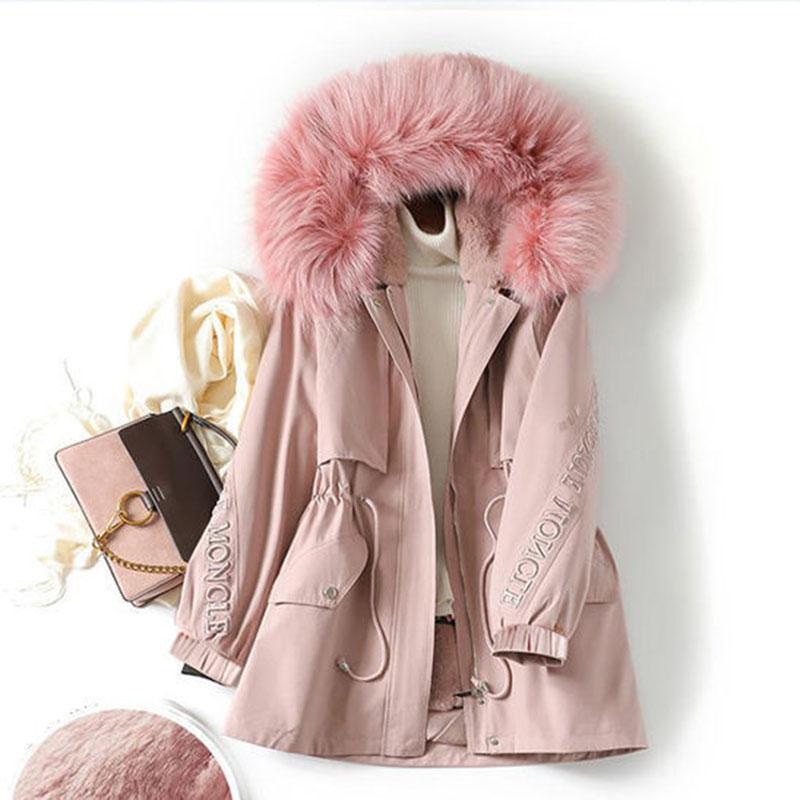 Pai Overcome Female Winter Big Fur Collar New Student Rex Rabbit Fur Liner Embroidery Mid-length Fur Coat