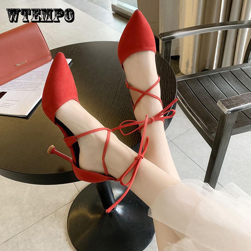 Ladies High Heels PU Flannel Solid Color Pointed Toe Non-slip Wear-resistant Three-color Lace-up Shoes