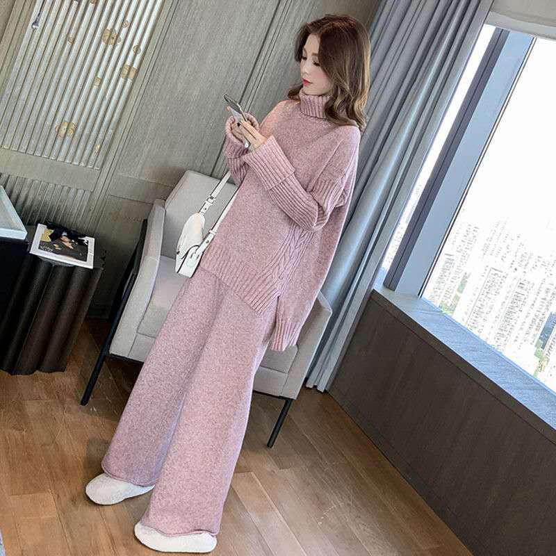 2pcs/set  Two Piece Set Pullover Sweater Tracksuit Women Elastic High Waist Knit Wide Leg Pants Women Suit 2 Piece Set  Winter Outfits