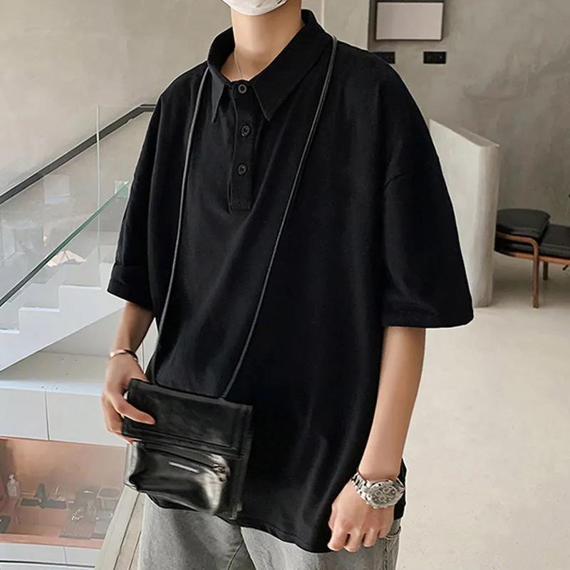 Short-sleeved T-shirt Boys Summer Loose Wild Student Half-sleeved   Shirt Ins Trend Solid Color Lapel Top