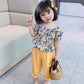 Girls Suit Summer Thin Korean Style Floral Short Sleeved Trousers Two Piece Set Casual Wear with Ruffles Puff Sleeve