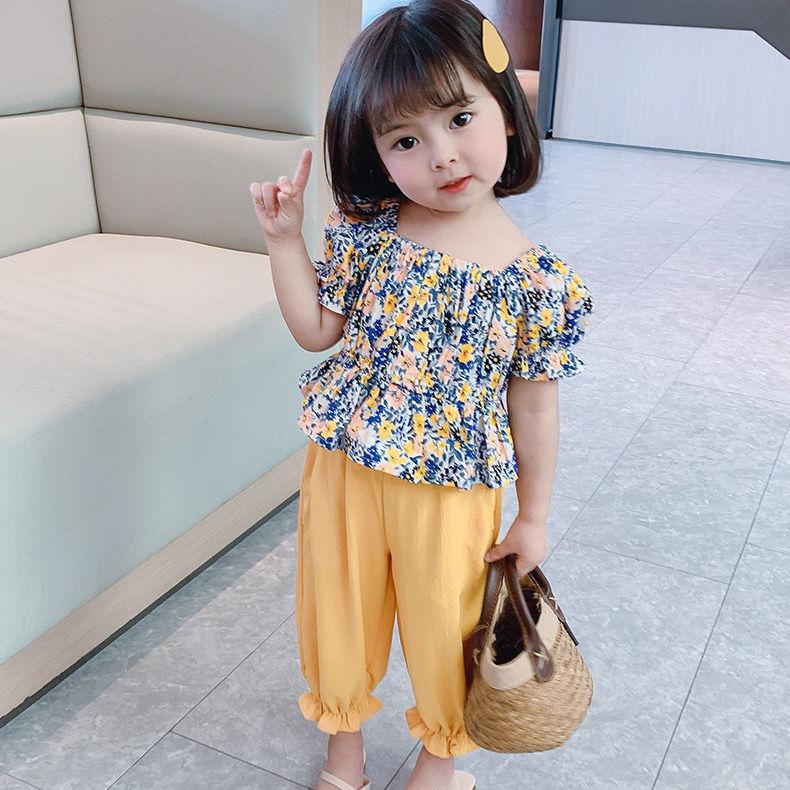 Girls Suit Summer Thin Korean Style Floral Short Sleeved Trousers Two Piece Set Casual Wear with Ruffles Puff Sleeve