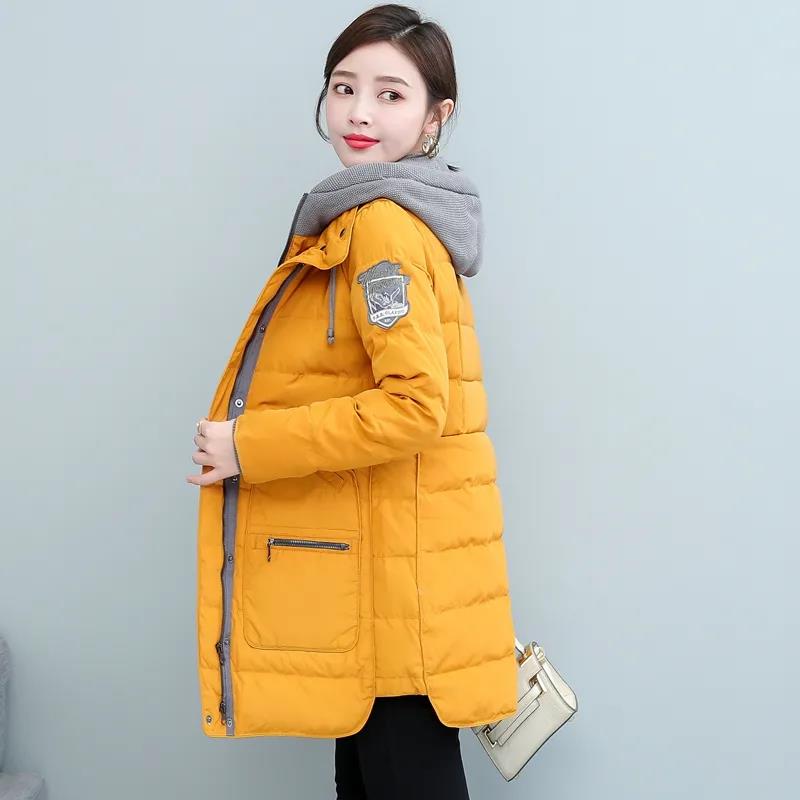 Mid-length White Duck Down Jacket Women Fashion Self-cultivation Knit Hat Fake Two-piece Winter Jacket