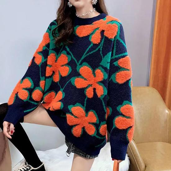Women's Winter Round Collar Flower Sweater Female Autumn Large Size Outdoor Loose Warm Versatile Knitted Pullover