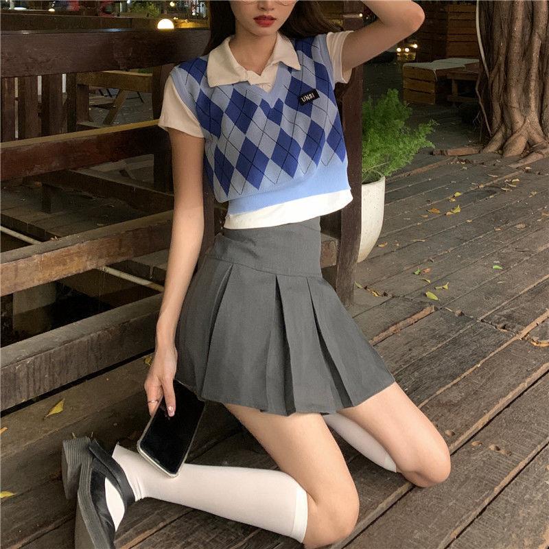 Short British Style Blue Knit Sweater Vest Vest Women Loose All-match Sleeveless Top Women's Thin Sweater College Style Casual Style