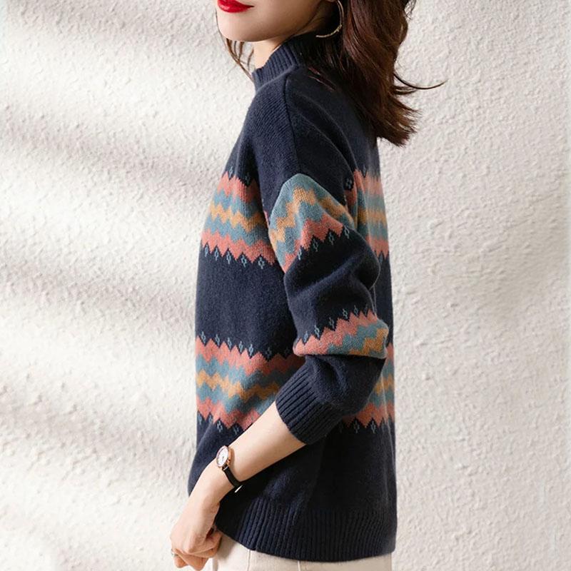 Sweater Women's Pullover Color Striped Knitwear Korean Loose Top Trending Sweater Autumn and Winter Fluffy Lazy Style