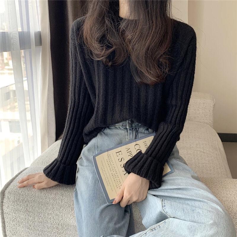 Autumn  Winter  Knitted Pullover Round Neck Versatile Thick Warm Woolen Sweater Bottoming Shirt  Vertical Stripes Loose