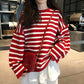 Color Striped Loose Striped Stretch Sweater Long Sleeve Round Neck Mesh Sweater Women