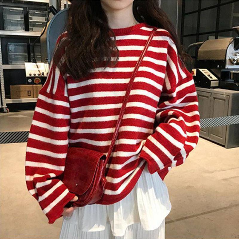 Color Striped Loose Striped Stretch Sweater Long Sleeve Round Neck Mesh Sweater Women
