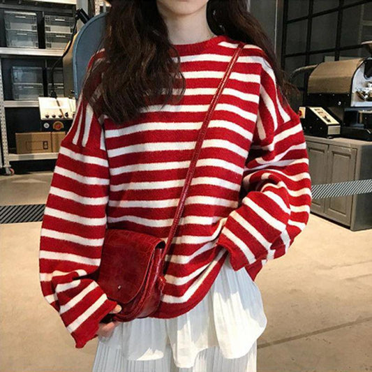 Color Striped Loose Striped Stretch Sweater Long Sleeve Round Neck Mesh Sweater Women