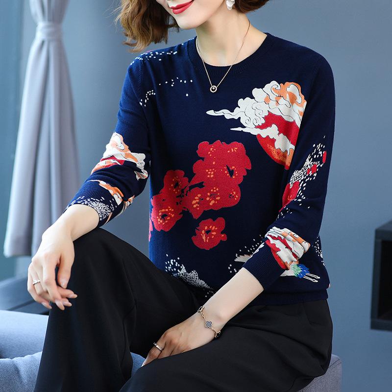 Women's Printed Pullover Sweater Tops Autumn  Winter Long-sleeved Bottoming Sweater Women's High-end Woolen Sweater