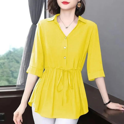 Short-sleeved Chiffon Shirt Women's Mid-sleeve Summer Loose Belly Cover Waist Top Solid Color V-neck Large Size Mid-length Thin Blouses Drawstring Top