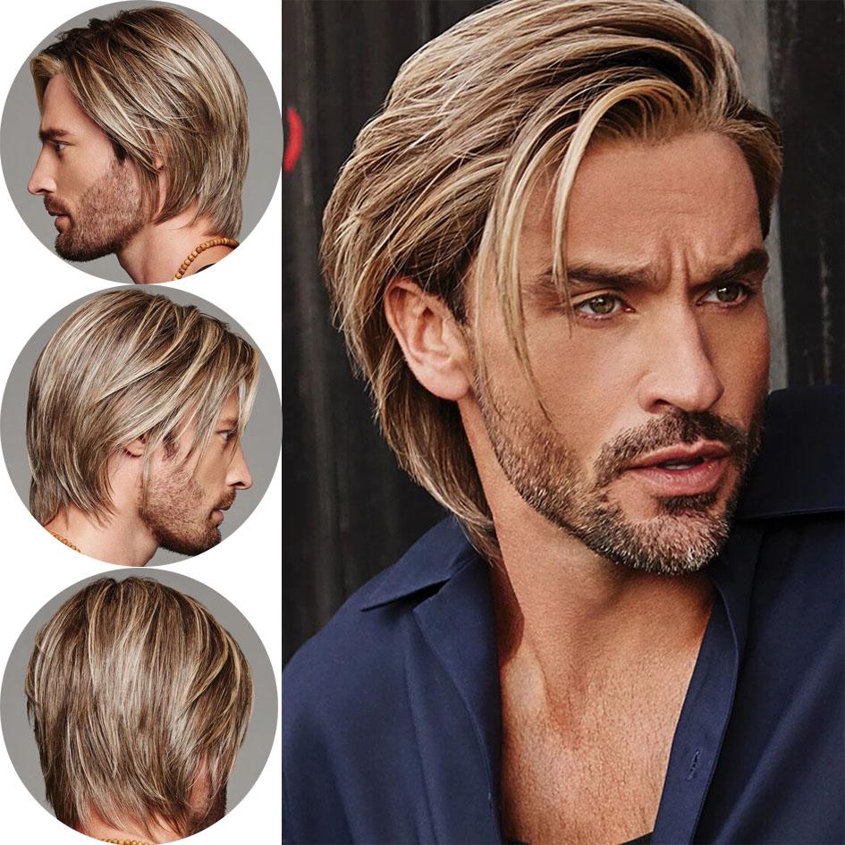 Men's Wig Blonde Straight Natural Hair Man Hairstyle Brown Toupee for Daddy Replacement Wigs Gifts