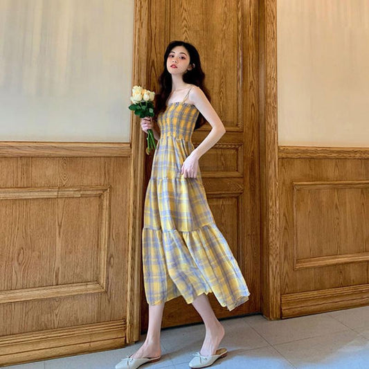 Plaid Chiffon Suspender Skirt Dress Female Summer Long French Style Over-the-knee Retro Fashion Dress