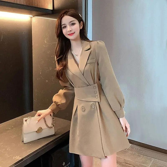 Suit Collar Long-sleeved Dress Women's Spring and Autumn Korean Style Design Windbreaker Short Skirt Ladies A-line Skirt