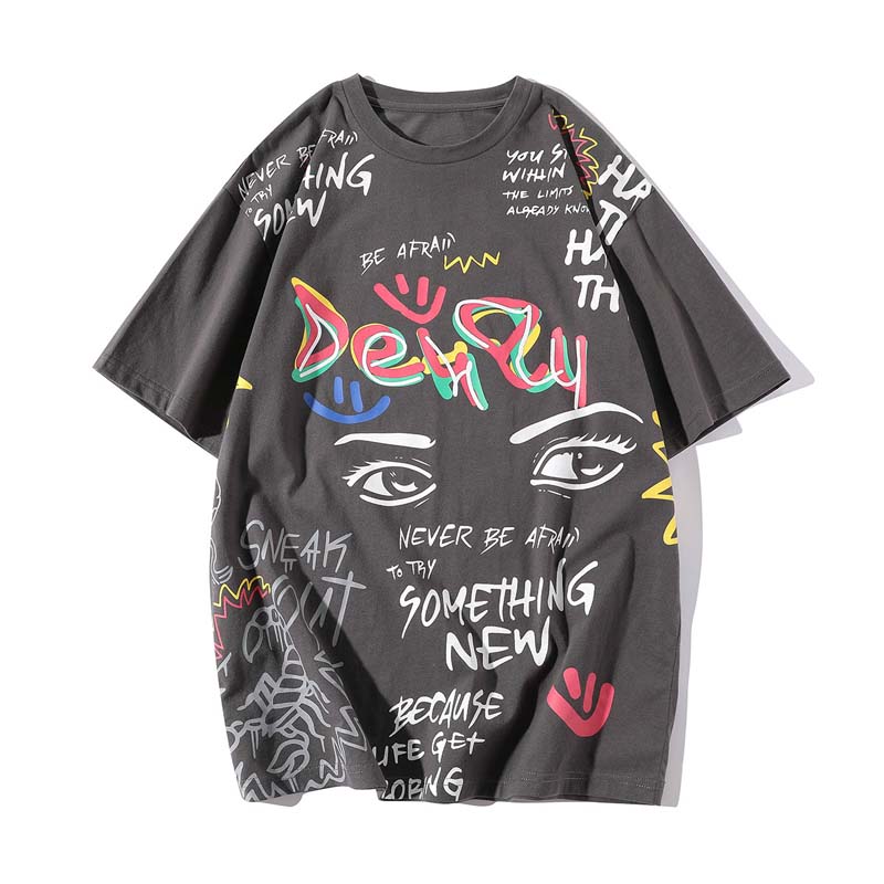 2021 Spring Men's Fashion Hand-painted Graffiti Printing Men's Loose Round Neck Short-sleeved T-shirt