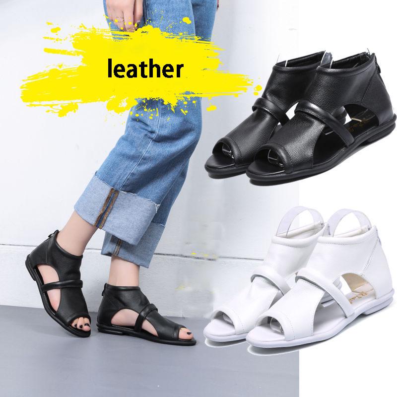 Women Leather Sandals Rome Summer Flat Bottom  Non -Slip Open Toe Sandals Fish Mouth Causal Shoes