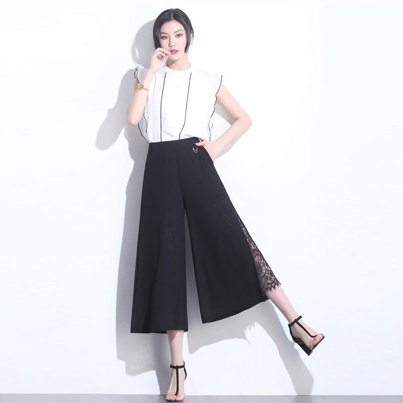 WTEMPO Sexy Lace Side Split Chiffon Wide-leg Pants Loose High Waist Ankle-Length Pants Trousers Cool and Breathable Women