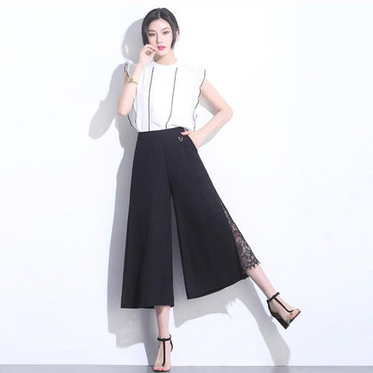 WTEMPO Sexy Lace Side Split Chiffon Wide-leg Pants Loose High Waist Ankle-Length Pants Trousers Cool and Breathable Women