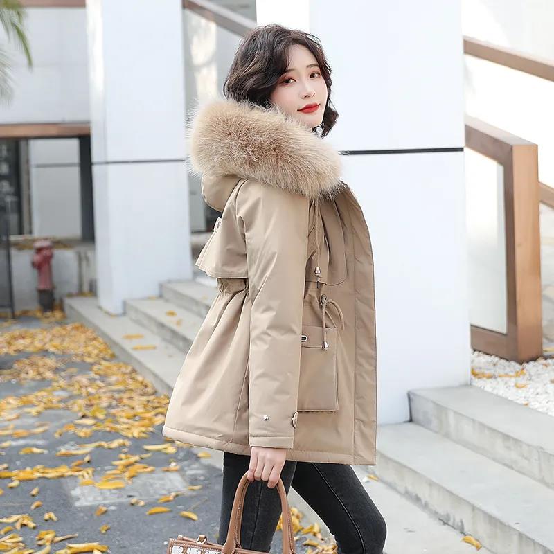 Parker Overcome Short Waist Thinner Hooded Big Fur Collar Cotton-padded Jacket Plus Velvet Padded Winter Padded Jacket