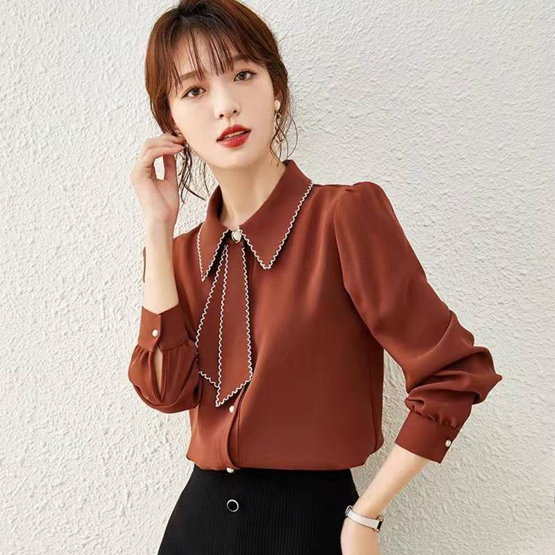 Spring and Autumn Streamer Shirt Inside and Outside Wear Shirt Sweet Puff Sleeve Top Women