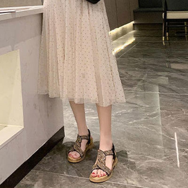 Wedge Sandals Women's Shoes Summer Soft Leather Rhinestones Comfortable Soft Bottom Low-heeled All-match Women's Flat Shoes