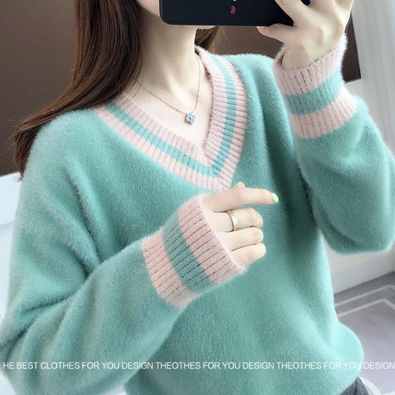 Autumn and Winter Mohair Thick Sweater Short V-neck Loose Coat Long Sleeve All-match Female Top