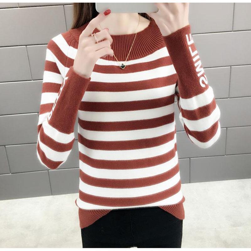 Striped Pattern Sweater Knit Slim Pullover Top for Autumn and Winter Women's Bottoming Shirt