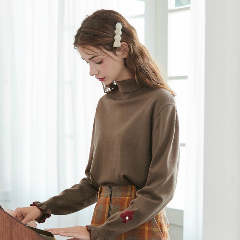 Pofulove Base Sweater Turtleneck Autumn and Winter Sweet Embroidery Long-sleeved Pullover Sweater