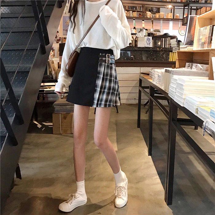 M-4XL Women Large Size High Waist Irregular Skirt Plaid Pleated Skirt Anti-light Thin A-line Skirt