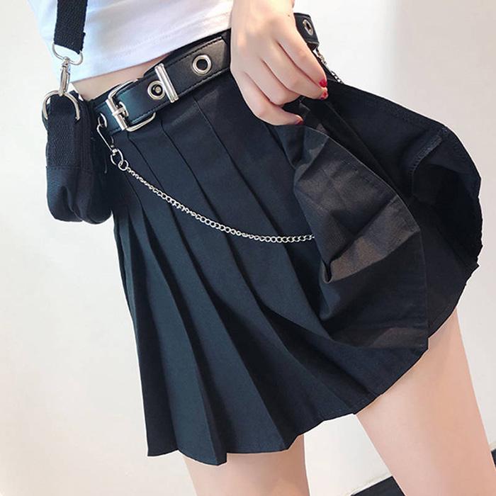 Women Summer Anti-lighten High Waist Slim Skirt Black Pleated Skirt Hip-hop A-line Skirt Belt Chain