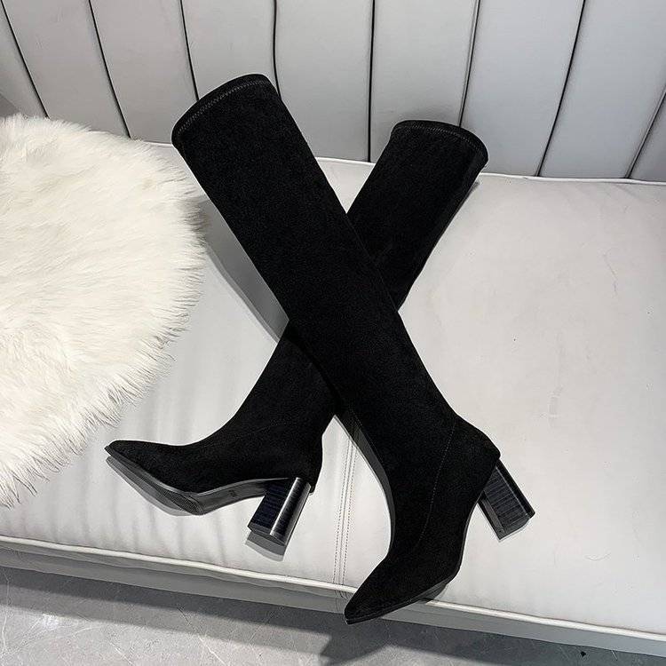 Over-the-knee Boots Women's Pointed Suede Boots Autumn and Winter High-heeled Thick-heel Stretch Stovepipe Boots