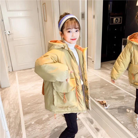 Girls Mid-length Cotton Coat Winter Warm and Windproof Jacket Plush Thick Cotton Clothing