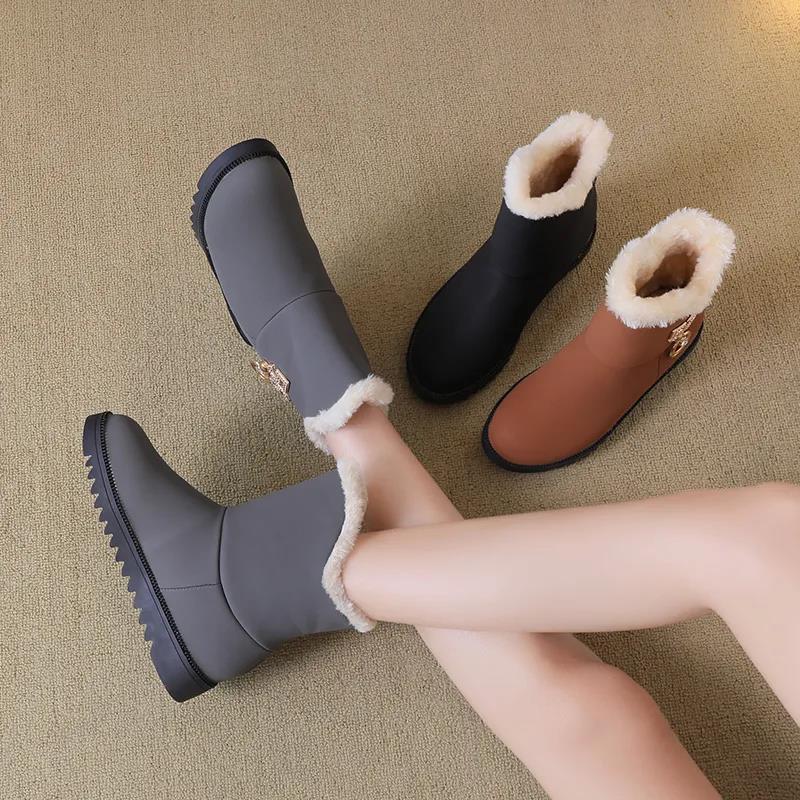 Women's Boots 2021 Winter Plush Nubuck Leather Sleeve Fashion Wedge Heel Faux Plush Warm Comfortable