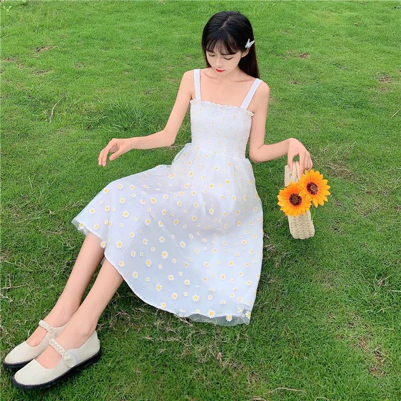 Mesh High Waist Small Daisy Suspender Skirt Small Fresh Dress Literary Retro Sweet First Love Dress Sleeveless Fairy Dress