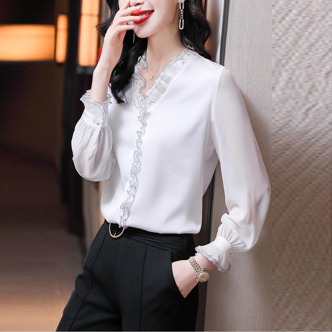 Spring Office Lady Long Sleeve Pullovers Lace Ruffles Chiffon Shirts Women's Clothing Vintage Elegant Blouse 4XL